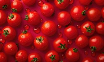 ai generado creativo modelo hecho de rojo Tomates en un rojo antecedentes. plano poner, parte superior vista. foto