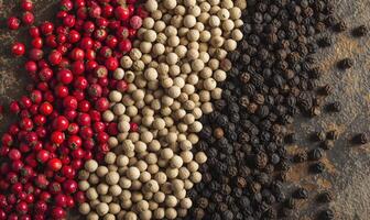 ai generado rojo, negro, blanco y rosado granos de pimienta en negro antecedentes foto