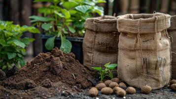 AI generated vegetable seeds with a mix of coco coir, peat, and perlite, showcasing the essential components of a healthy and fertile growing medium in a gardening setting. photo