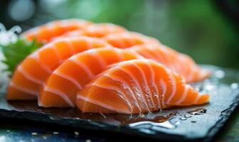 ai generado crudo Fresco salmón sashimi servido en negro lámina, japonés comida estilo foto