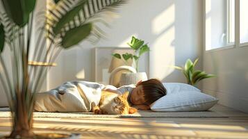 AI generated a toddler peacefully napping with a cat in a modern, light-filled room, showcasing the harmonious bond between child and pet in a cozy and relaxed environment. photo