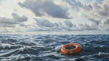 AI generated safety and hope amidst the vastness of the open sea with an orange lifebuoy floating serenely, symbolizing protection and optimism under the expansive sky. photo