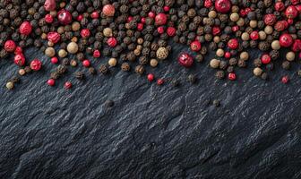 AI generated Black, red and white peppercorns on dark stone background. Space for text photo