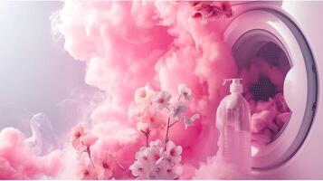 AI generated fragrant pink clouds and floral patterns emerging from freshly laundered items, illustrating the unique floral scent of laundry detergent gel. photo