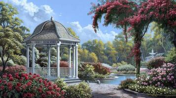 AI generated a garden gazebo nestled amidst blooming roses, evoking a sense of peace and tranquility in the enchanting springtime setting. photo