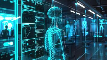 AI generated perspective vision and artificial intelligence in healthcare, showcasing the analysis of X-rays or diagnosis of diseases with unprecedented accuracy. photo