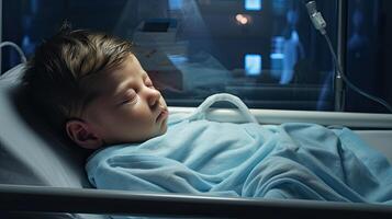 AI generated a boy peacefully lying in a hospital crib, surrounded by the serenity of the hospital environment, that highlights the precious moments of life. photo