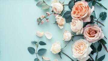 AI generated a bridal flower arrangement featuring roses in a variety of pastel colors, beautifully arranged in a top view, flat lay composition, perfect for inspiring brides to be. SEAMLESS PATTERN. photo