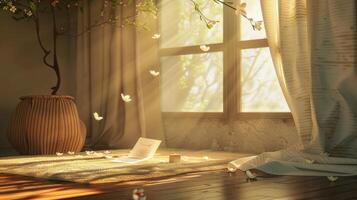 AI generated summer with a cozy scene featuring a personalized note on a piece of paper, nestled in a warm and inviting setting, evoking feelings of relaxation and joy. photo