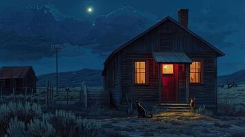 AI generated a small western town at night, with a warmly illuminated wooden house and a faithful dog resting on its doorstep, evoking the timeless allure of frontier life. photo