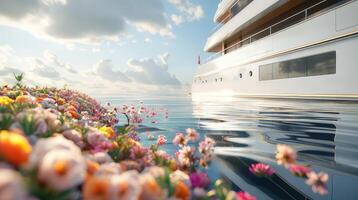 AI generated a yacht festivity with the deck adorned in vibrant flowers, set against the backdrop of tranquil waters reflecting the dreamlike scene. photo