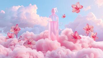 AI generated fragrant pink clouds and floral patterns emerging from freshly laundered items, illustrating the unique floral scent of laundry detergent gel. photo