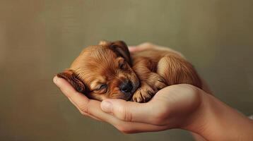 AI generated a mini puppy nestled in the palm of your hand, showcasing the tiny creature's endearing features and delicate size in a heartwarming close-up. photo