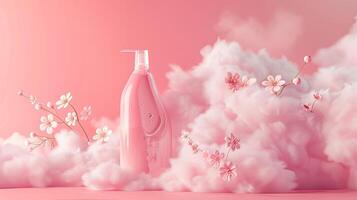 ai generado fragante rosado nubes y floral patrones emergente desde recién lavado elementos, ilustrando el único floral olor de lavandería detergente gel. foto