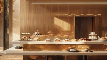 AI generated a bakery on a long table against a modern kitchen background, adorned with gold and brown colors to evoke luxury, offering ample copy space. photo