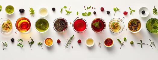 AI generated cups of various teas including green, black, fruit, and herbal tea on a white background, inviting viewers to indulge in a sensory journey of tea exploration. photo