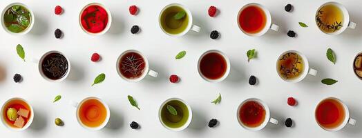 AI generated cups of various teas including green, black, fruit, and herbal tea on a white background, inviting viewers to indulge in a sensory journey of tea exploration. photo