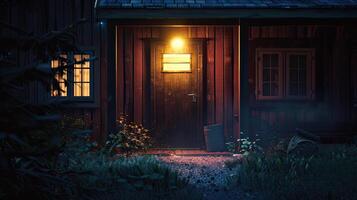 AI generated a small western town at night, with a warmly illuminated wooden house and a faithful dog resting on its doorstep, evoking the timeless allure of frontier life. photo