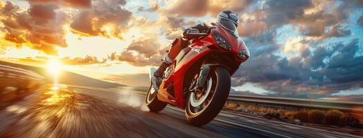 AI generated a speeding superbike tearing down the highway at sunset, immerses viewers in the adrenaline-fueled thrill of the open road. photo