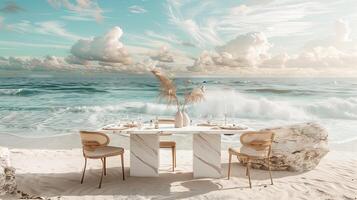AI generated a white marble table set up for a mockup against the backdrop of a romantic beach wedding reception, featuring soft sand, gentle waves, and dreamy coastal decor. photo