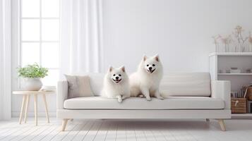 AI generated an American Eskimo Dog lounging on a white couch in a modern living room, with soft colors dominating the palette, creating a serene and contemporary ambiance. photo