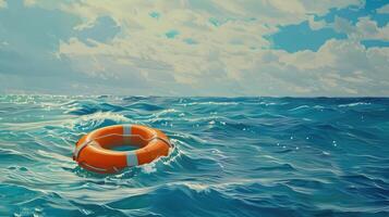 AI generated safety and hope amidst the vastness of the open sea with an orange lifebuoy floating serenely, symbolizing protection and optimism under the expansive sky. photo
