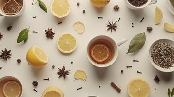 AI generated beautiful tea presented from a top view, infused with elements of lemon, cinnamon, cloves, and other spices, evoking warmth and comfort. photo