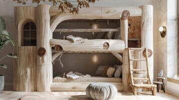 AI generated a natural wood log hut-shaped bunk bed with stairs, nestled in a cozy cabin setting, evoking the essence of rustic charm and adventure. photo