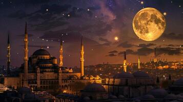 AI generated the full moon illuminating the night sky during the holy month of Ramadan, evoking a sense of serenity and spirituality amidst the peaceful darkness. photo