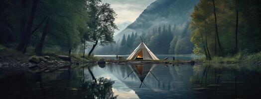 ai generado un tienda inclinado por un sereno lago, envuelto en brumoso romanticismo, dónde el suave resplandor de el ajuste Dom yesos un fascinante ambiente terminado el natural paisaje foto