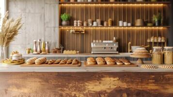 AI generated a bakery on a long table against a modern kitchen background, adorned with gold and brown colors to evoke luxury, offering ample copy space. photo