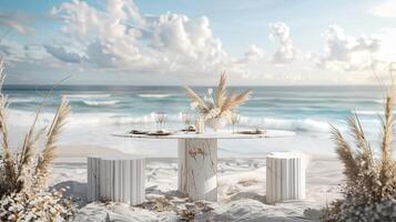 AI generated a white marble table set up for a mockup against the backdrop of a romantic beach wedding reception, featuring soft sand, gentle waves, and dreamy coastal decor. photo