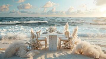 AI generated a white marble table set up for a mockup against the backdrop of a romantic beach wedding reception, featuring soft sand, gentle waves, and dreamy coastal decor. photo