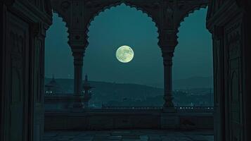 AI generated the full moon illuminating the night sky during the holy month of Ramadan, evoking a sense of serenity and spirituality amidst the peaceful darkness. photo