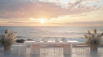 AI generated a white marble table set up for a mockup against the backdrop of a romantic beach wedding reception, featuring soft sand, gentle waves, and dreamy coastal decor. photo