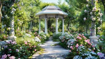 AI generated a garden gazebo nestled amidst blooming roses, evoking a sense of peace and tranquility in the enchanting springtime setting. photo