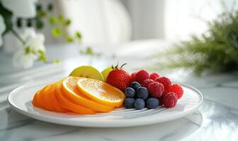 AI generated Fresh fruits on a white plate in the kitchen. Healthy eating. photo