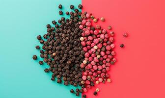 AI generated pink and black peppercorns on a blue and pink background photo