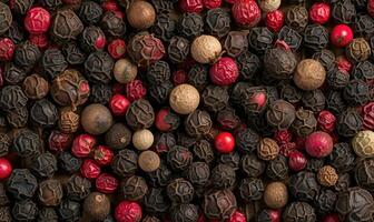 AI generated Top view of black and red pepper peppercorns on wooden background photo