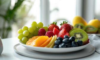 AI generated Fresh fruits on a white plate in the kitchen. Healthy eating. photo