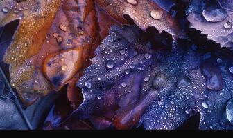 AI generated Vintage colored picture of purple leaves with water drops close-up. Leaves background. photo