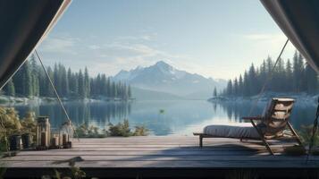 AI generated a tent pitched by a serene lake, enveloped in hazy romanticism, where the soft glow of the setting sun casts a mesmerizing ambiance over the natural landscape photo