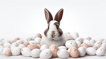 AI generated a super funny and cute white Easter bunny surrounded by chocolate eggs, perfect for an Easter advertising campaign against a solid white background. photo