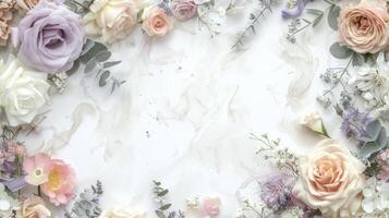 AI generated a bridal flower arrangement featuring roses in a variety of pastel colors, beautifully arranged in a top view, flat lay composition, perfect for inspiring brides to be. SEAMLESS PATTERN. photo