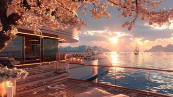 AI generated a yacht festivity with the deck adorned in vibrant flowers, set against the backdrop of tranquil waters reflecting the dreamlike scene. photo