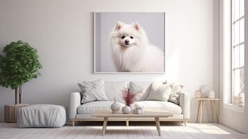 AI generated an American Eskimo Dog lounging on a white couch in a modern living room, with soft colors dominating the palette, creating a serene and contemporary ambiance. photo