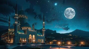 AI generated the full moon illuminating the night sky during the holy month of Ramadan, evoking a sense of serenity and spirituality amidst the peaceful darkness. photo