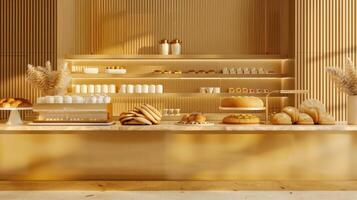 AI generated a bakery on a long table against a modern kitchen background, adorned with gold and brown colors to evoke luxury, offering ample copy space. photo