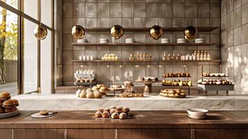 AI generated a bakery on a long table against a modern kitchen background, adorned with gold and brown colors to evoke luxury, offering ample copy space. photo