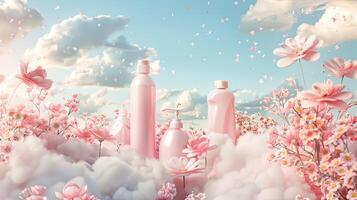 AI generated fragrant pink clouds and floral patterns emerging from freshly laundered items, illustrating the unique floral scent of laundry detergent gel. photo